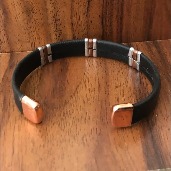 Two Tone Link Leather Wrapped Pure Copper Magnetic Bracelet Energy Cuff Bangle - Picture 3 of 3